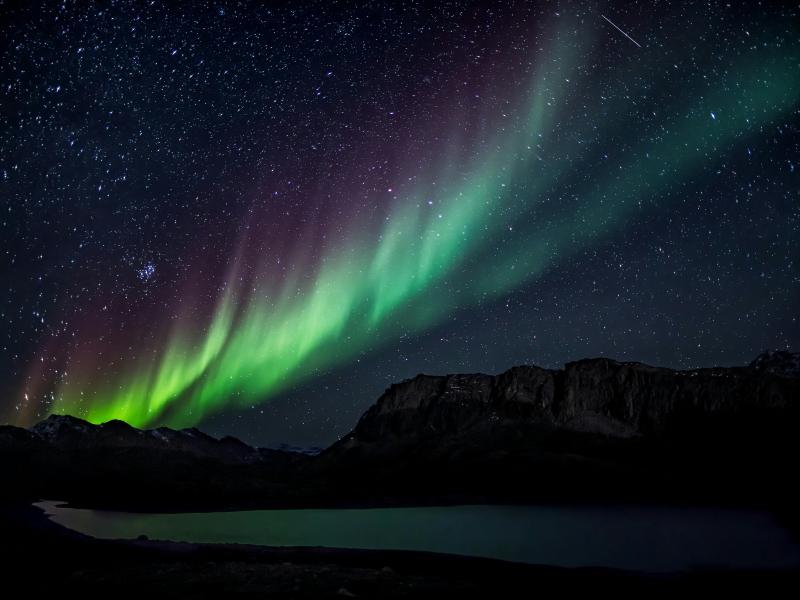 Nordlys på en stjernehimmel med bjerge i baggrunden 