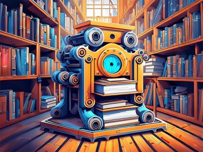 Illustration af maskine, der præsenterer bøger, blandt reoler fyldt med bøger
