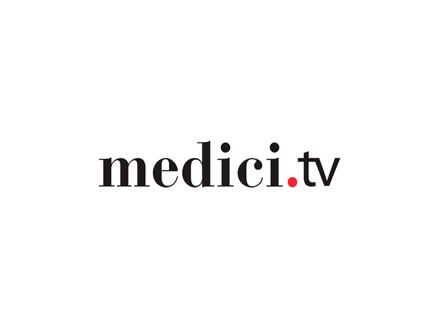 Sort tekst på hvid baggrund, hvor der står Medici.tv